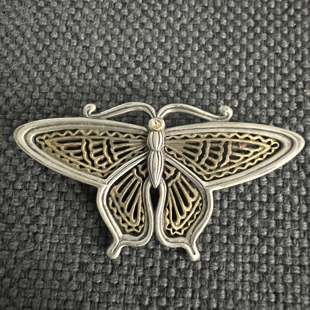 Vtg JJ Jonette Mixed Metal Butterfly Brooch Silver Gold Tone 2.75" Whimsigoth